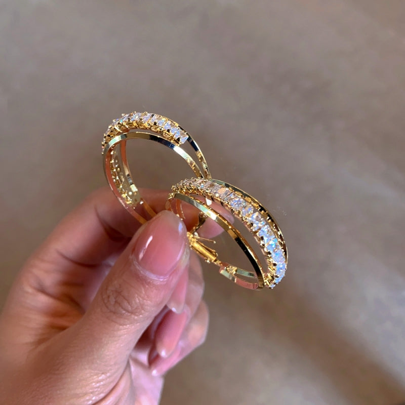 Silver Post Zircon Three-Layer Hoop Earrings