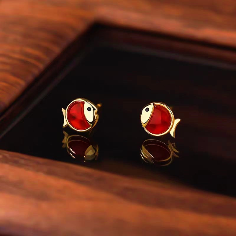 Sterling Silver Agate Small Goldfish Studs