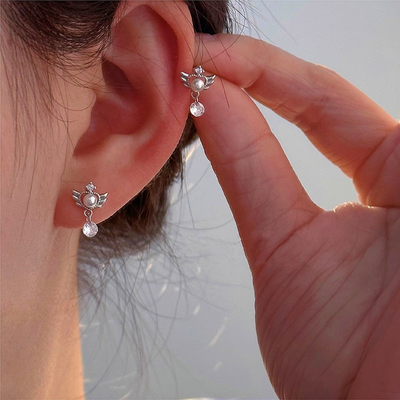Sterling Silver Angel Wings Love Heart Earrings