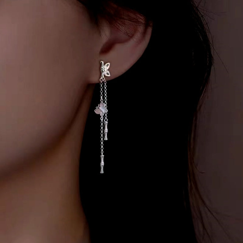 Sterling Silver Bamboo Butterfly Tassel Earrings
