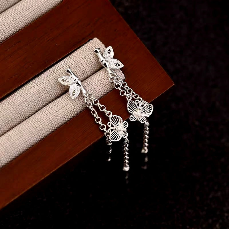 Sterling Silver Bamboo Butterfly Tassel Earrings