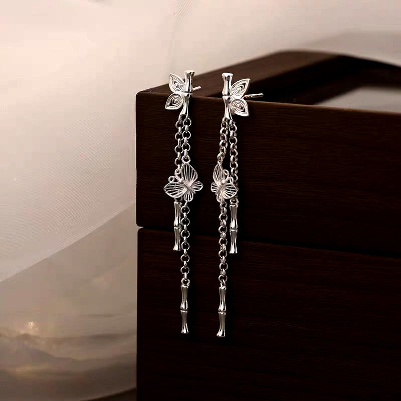 Sterling Silver Bamboo Butterfly Tassel Earrings