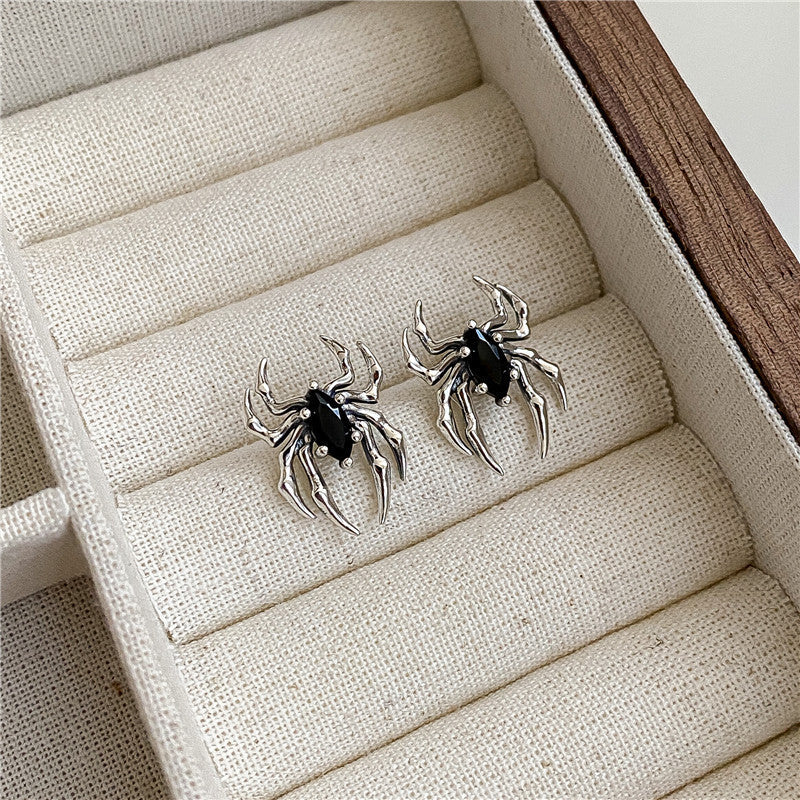 Sterling Silver Black Diamond Spider Stud Earrings
