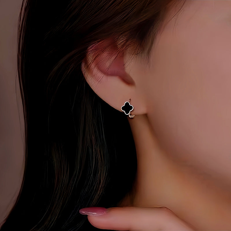 Sterling Silver Black Four-Leaf Clover Hoop Earrings