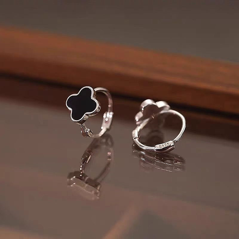 Sterling Silver Black Four-Leaf Clover Hoop Earrings