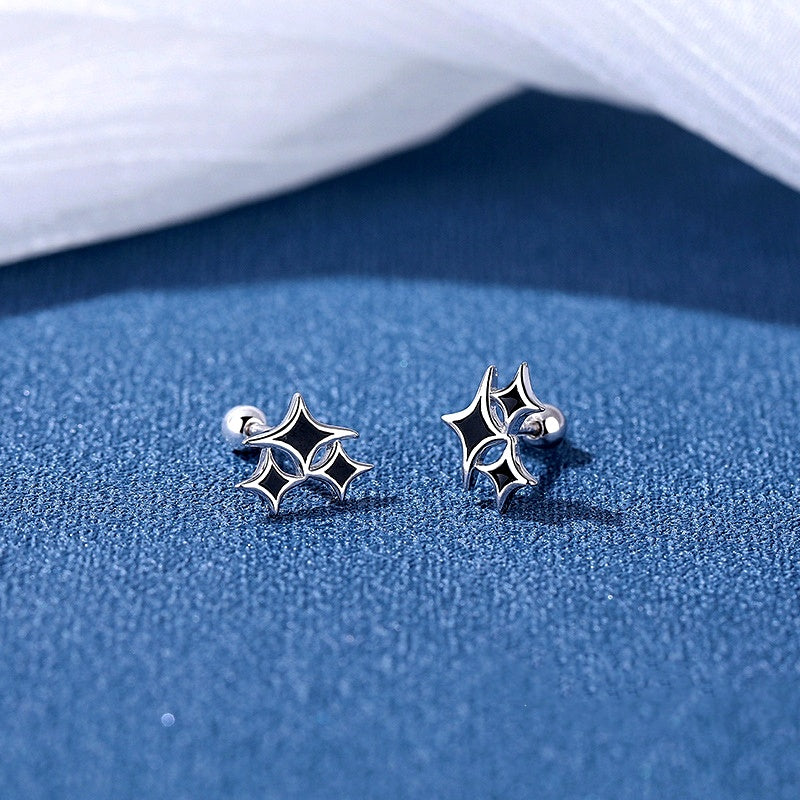 Sterling Silver Black Four-Pointed Star Earrings