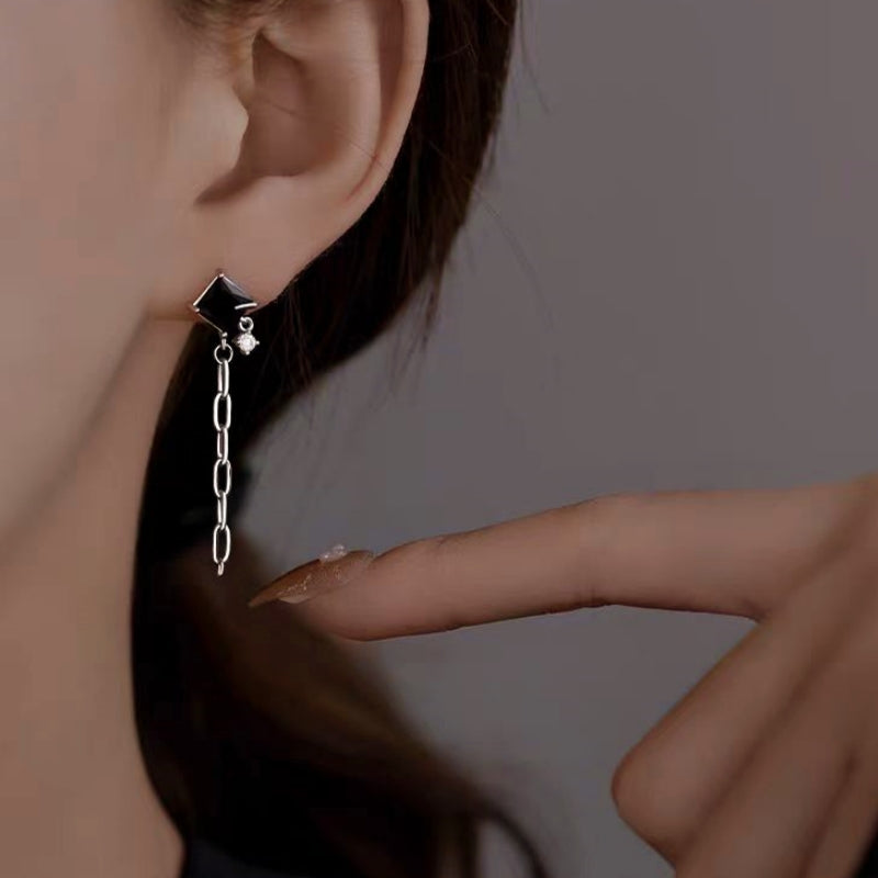 Sterling Silver Black Zircon Asymmetric Earrings