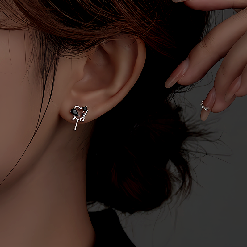 Sterling Silver Black Zircon Heart Stud Earrings