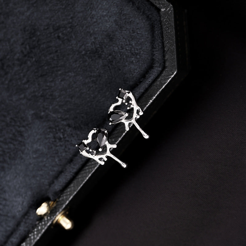 Sterling Silver Black Zircon Heart Stud Earrings