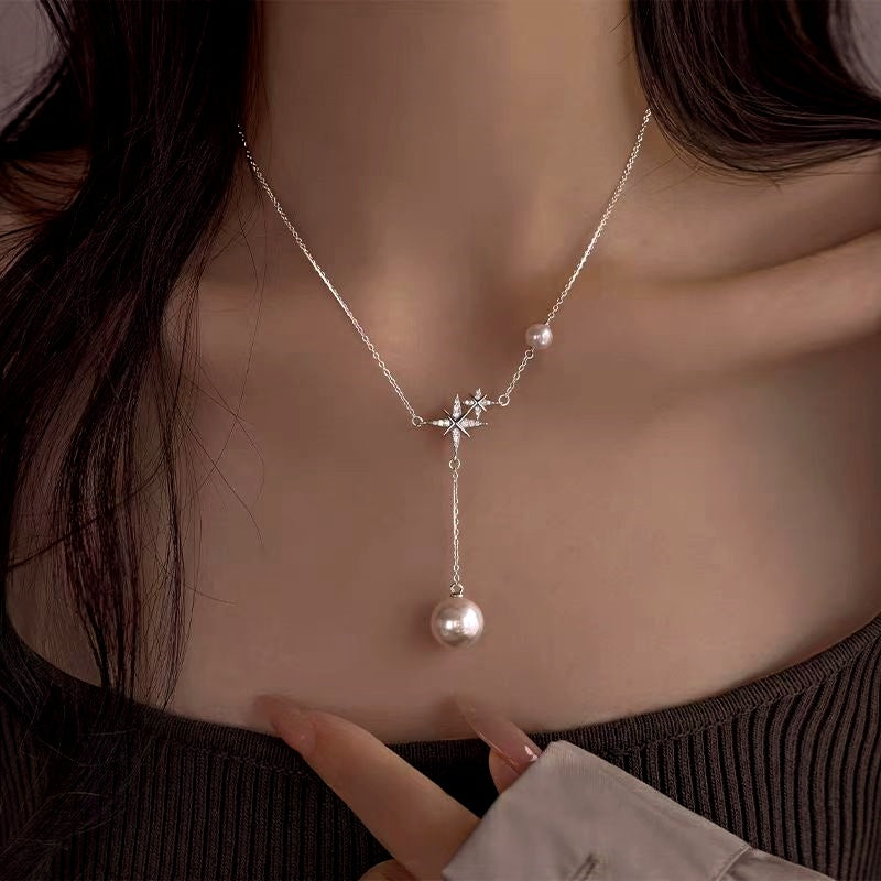 Sterling Silver Bling Star Pearl Tassel Necklaces