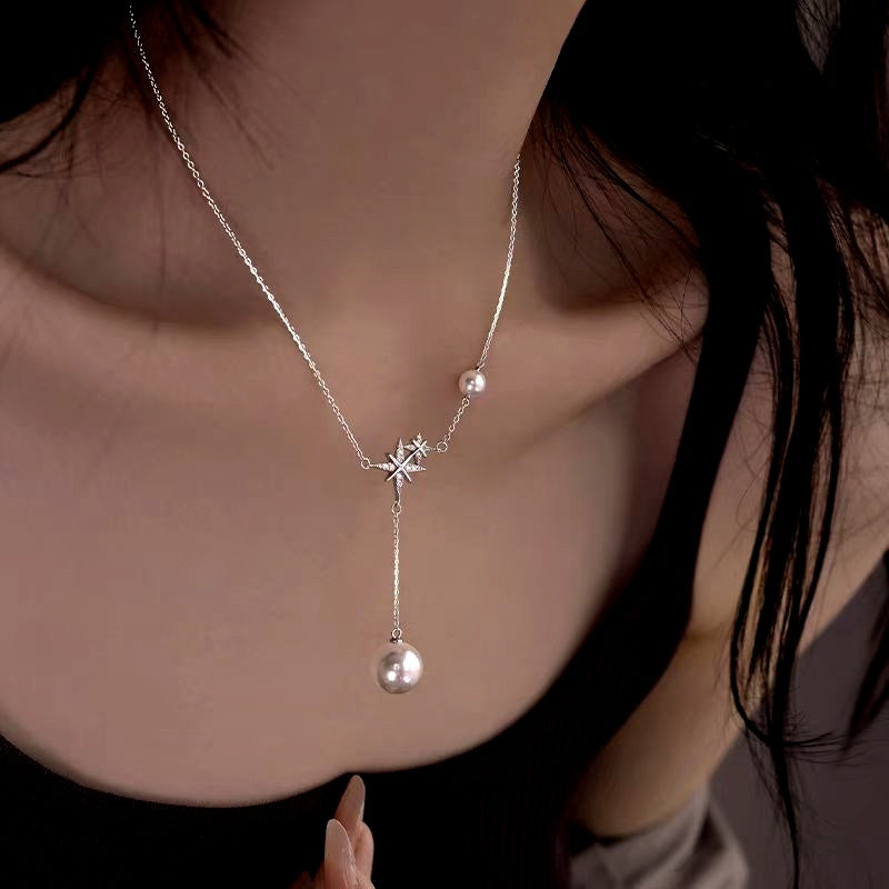 Sterling Silver Bling Star Pearl Tassel Necklaces