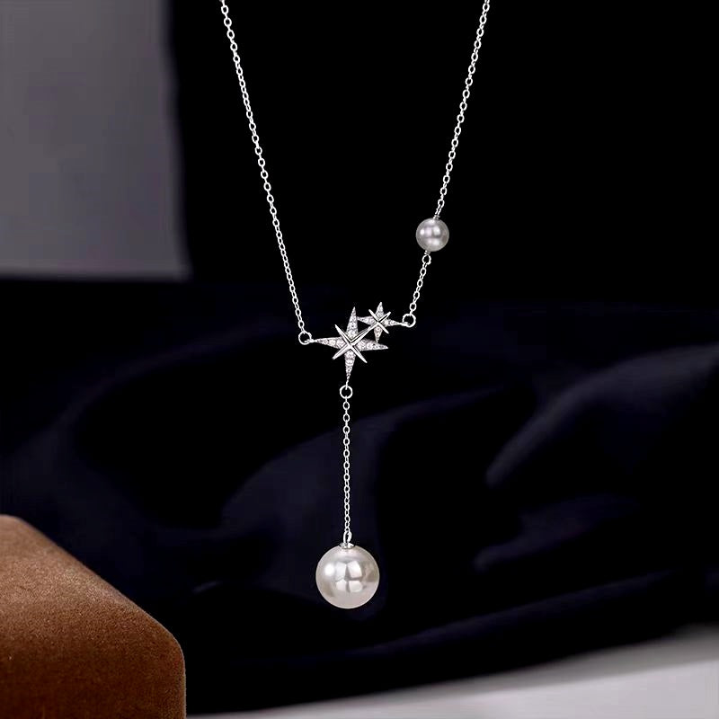 Sterling Silver Bling Star Pearl Tassel Necklaces