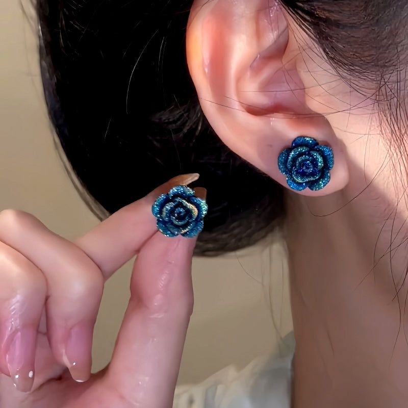 Sterling Silver Blue Rose Stud Earrings