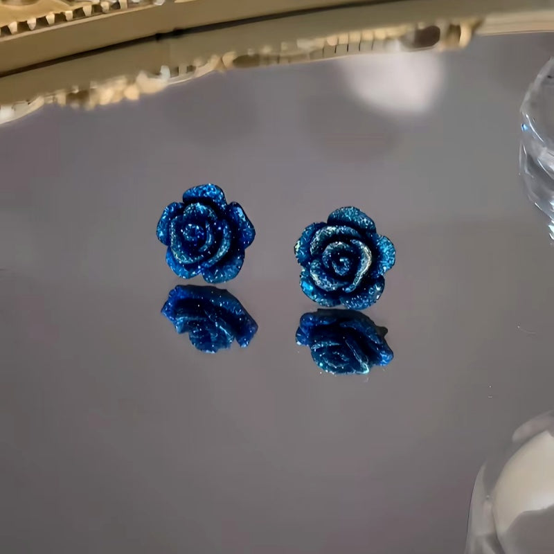 Sterling Silver Blue Rose Stud Earrings