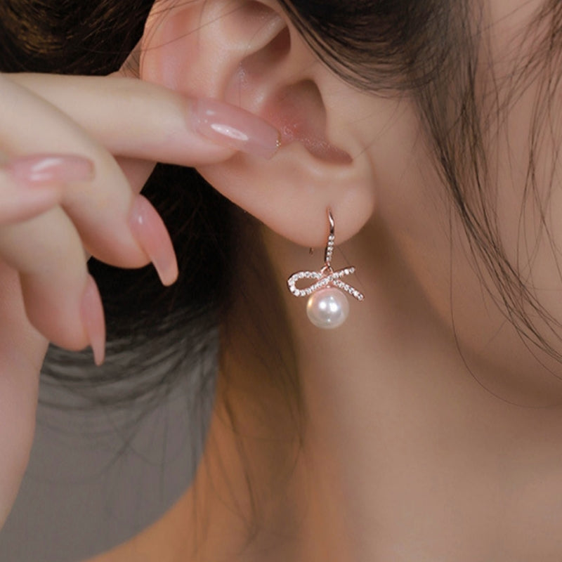 Sterling Silver Bow Artificial Pearl Earrings