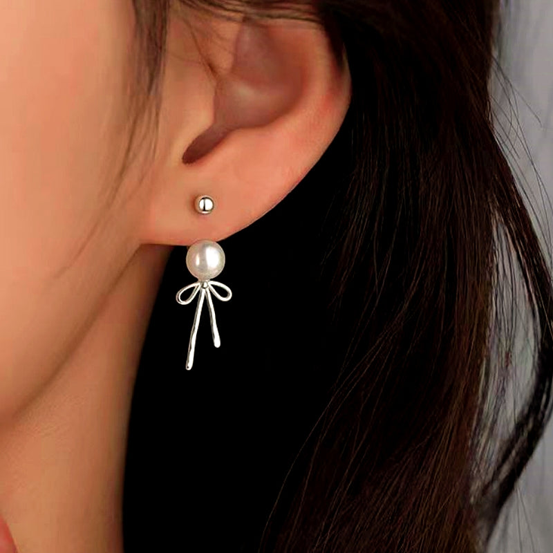 Sterling Silver Bow Pearl Jacket Earrings