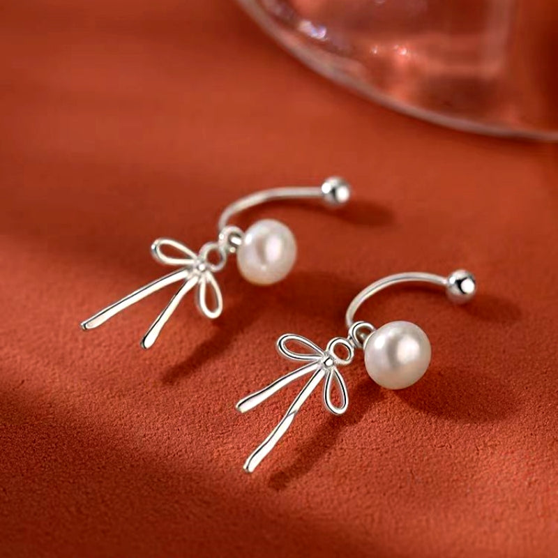 Sterling Silver Bow Pearl Jacket Earrings