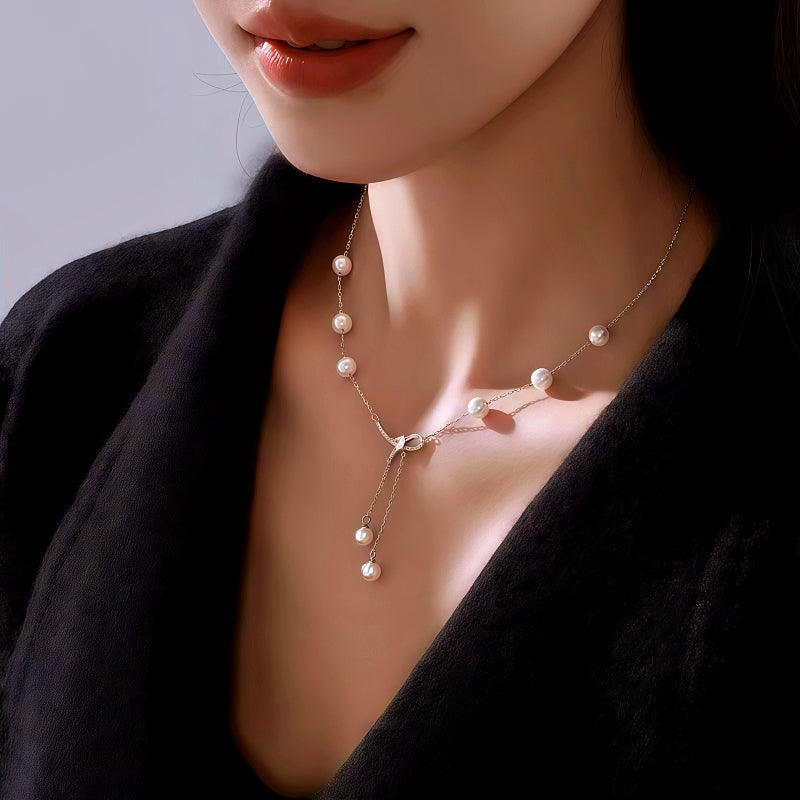 Sterling Silver Bow Pearl Tassel Necklace
