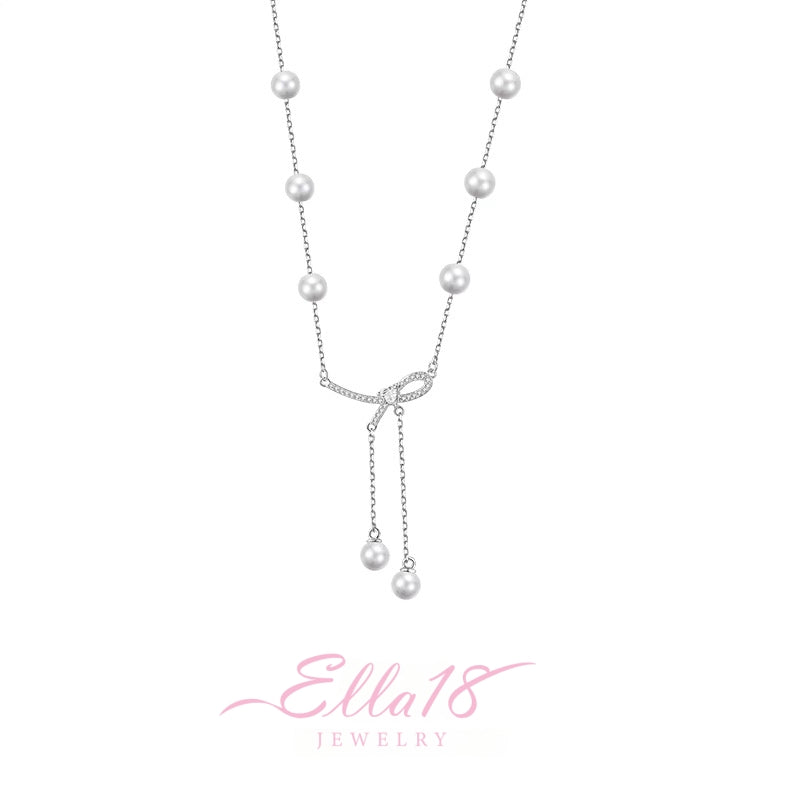 Sterling Silver Bow Pearl Tassel Necklace