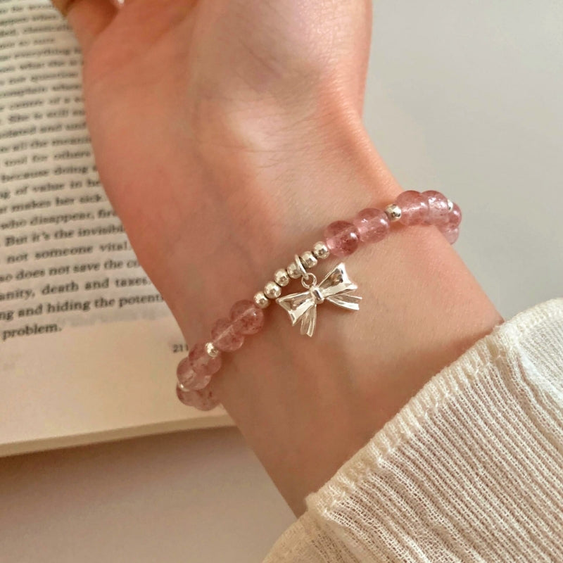 Sterling Silver Bow Strawberry Crystal Beaded Bracelets