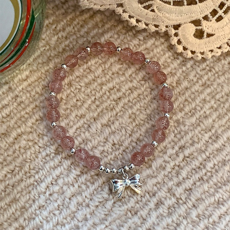 Sterling Silver Bow Strawberry Crystal Beaded Bracelets