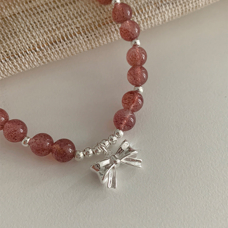Sterling Silver Bow Strawberry Crystal Beaded Bracelets