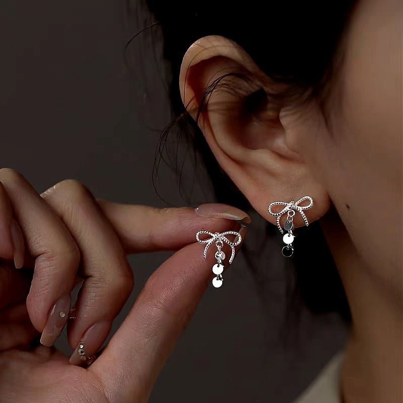Sterling Silver Bow Tassel Earrings
