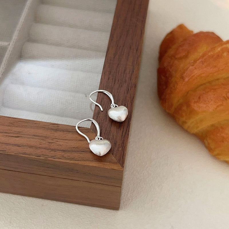 Sterling Silver Brushed Frosted Heart Earrings