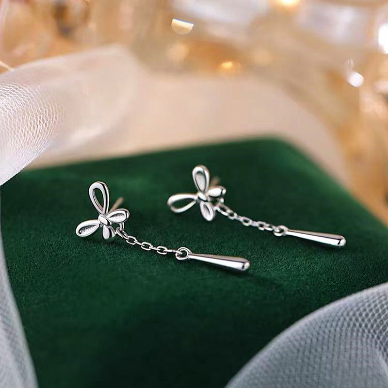 Sterling Silver Butterfly Water Drop Tassel Earrings