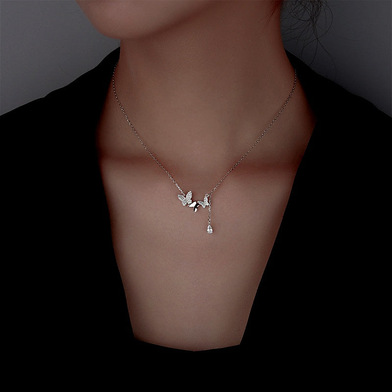 Sterling Silver Butterfly Water Drop Tassel Necklaces
