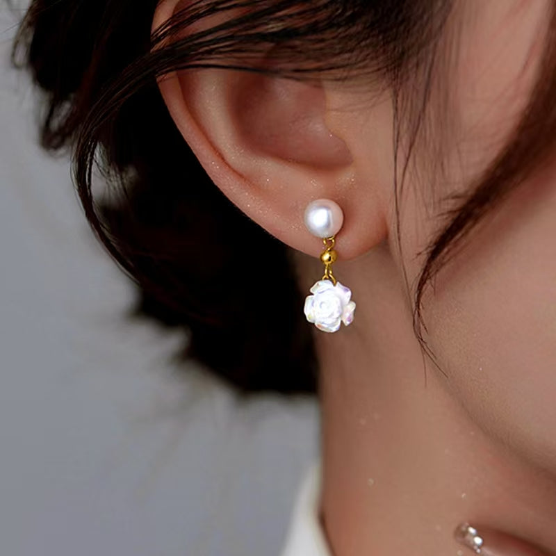 Sterling Silver Camellia Pearl Earrings