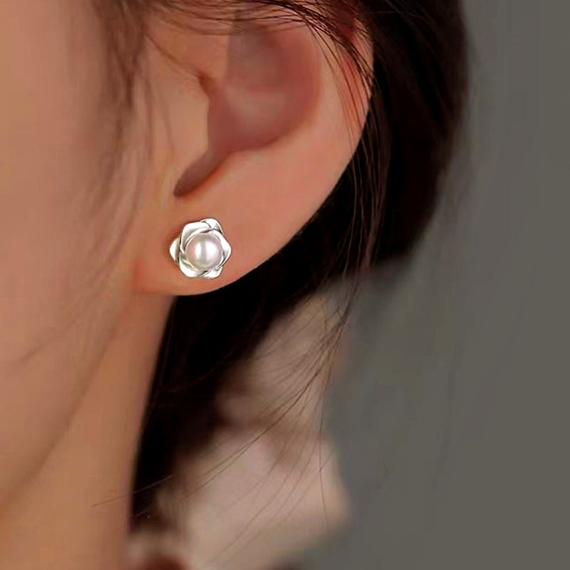 Sterling Silver Camellia Pearl Stud Earrings