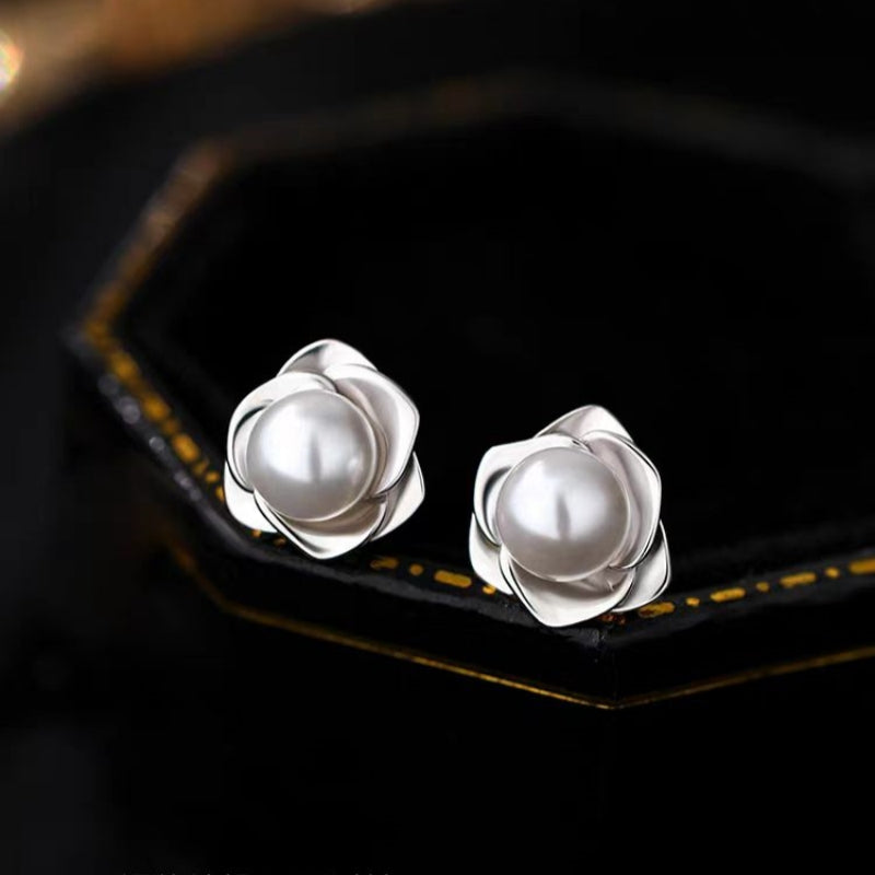 Sterling Silver Camellia Pearl Stud Earrings