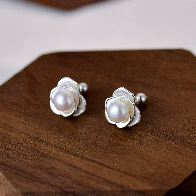 Sterling Silver Camellia Pearl Stud Earrings