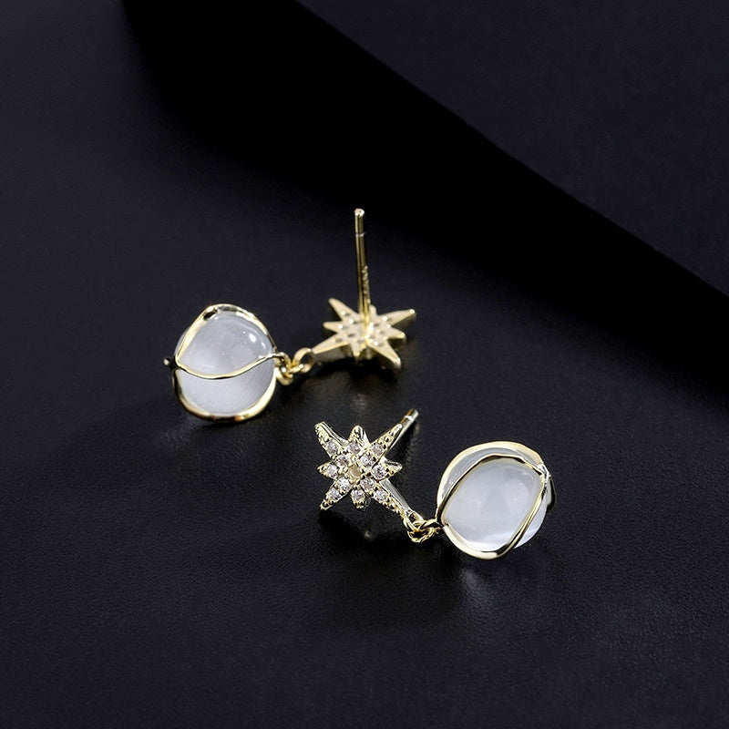 Sterling Silver Cat's Eye Stone Zircon Eight-Pointed Star Earrings