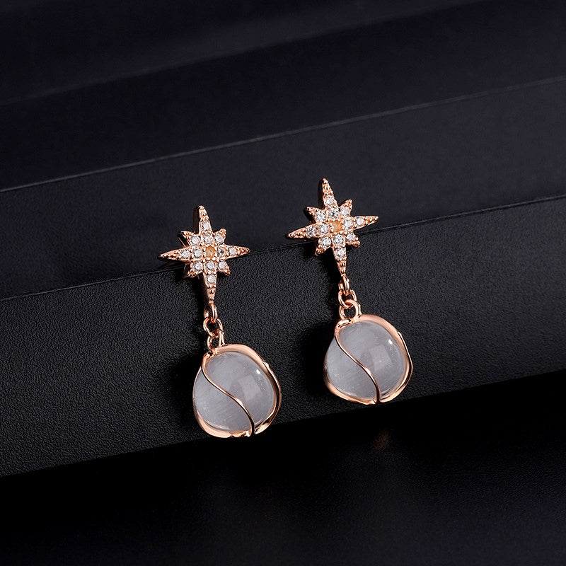 Sterling Silver Cat's Eye Stone Zircon Eight-Pointed Star Earrings