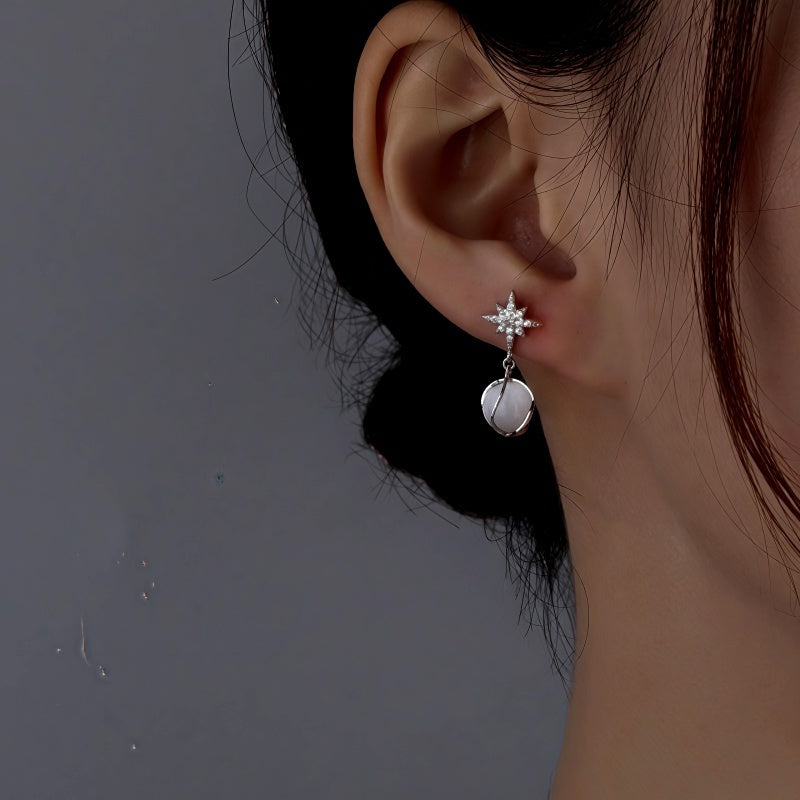 Sterling Silver Cat's Eye Stone Zircon Eight-Pointed Star Earrings