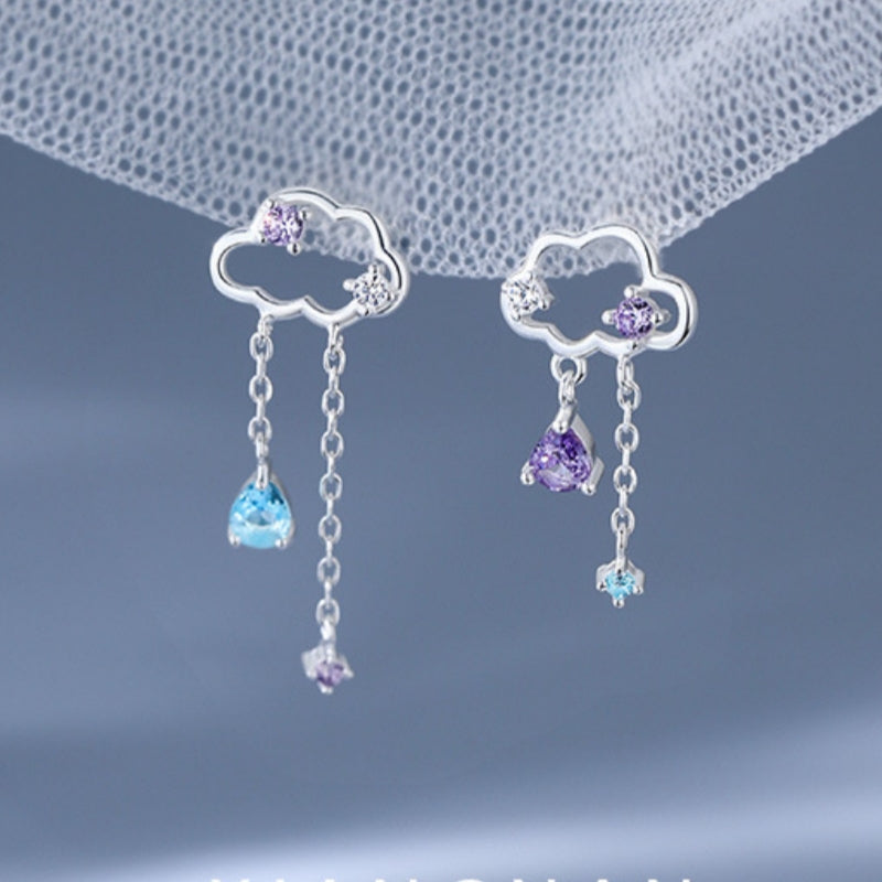 Sterling Silver Cloud and Diamond Water Drop Earrings