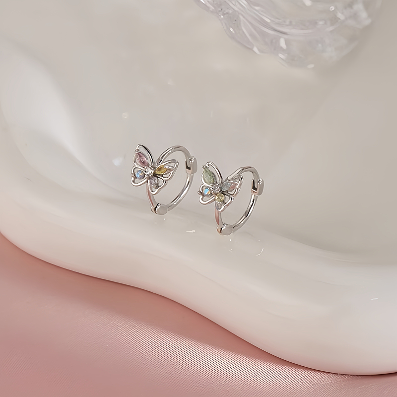 Sterling Silver Colorful Diamond Butterfly Hoop Earrings