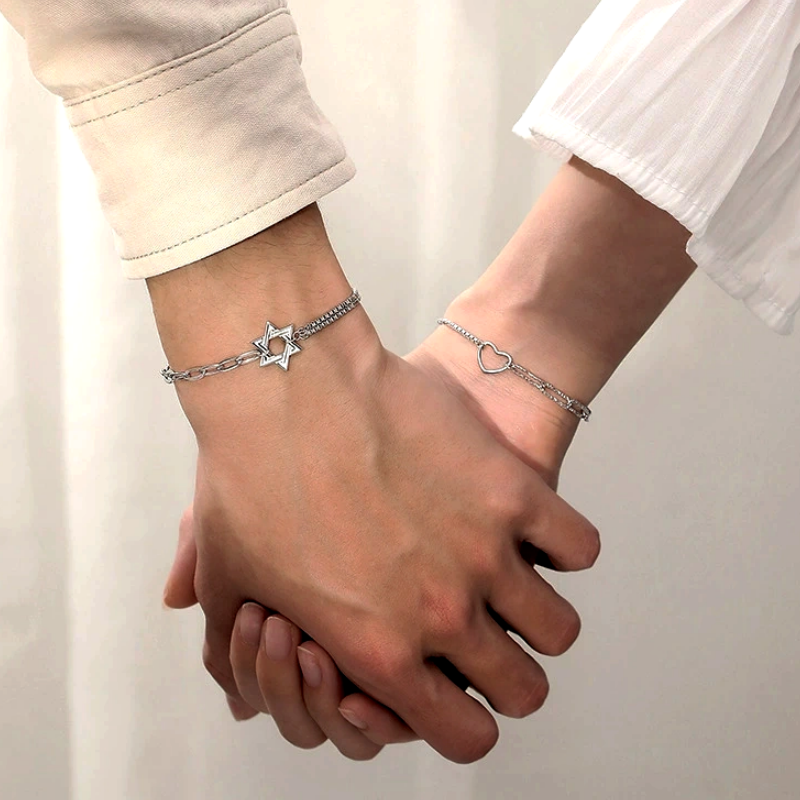 Sterling Silver Couple Star And Heart Bracelets