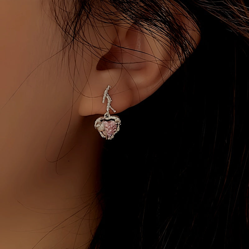 Sterling Silver Crystal Pink Heart Earrings