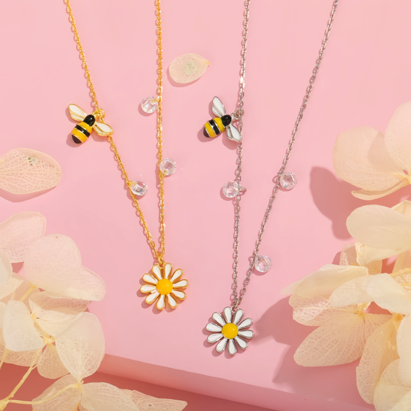 Sterling Silver Daisy Sunflower Bee Clavicle Necklaces
