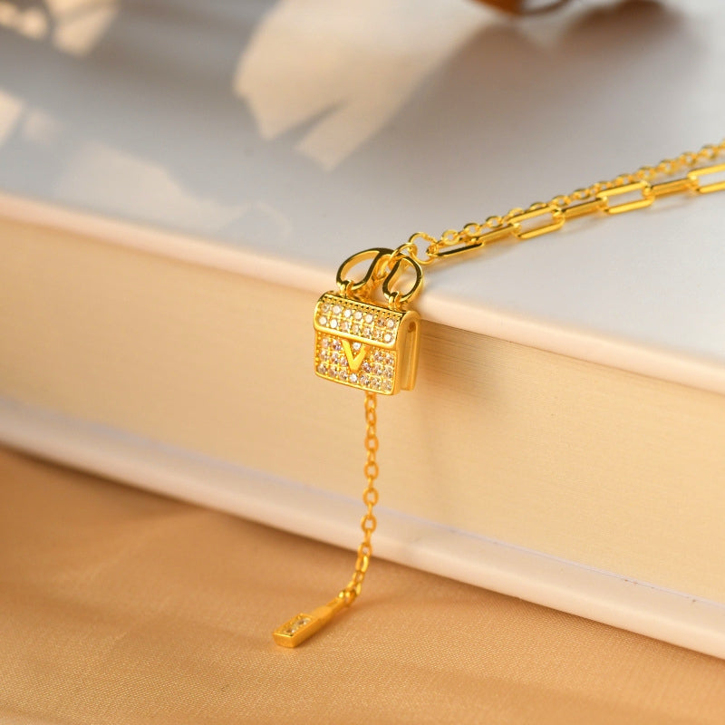 Sterling Silver Diamond-Studded Bag Necklace