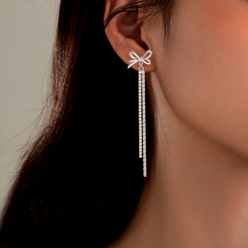 Sterling Silver Diamond Bow Tassel Earrings