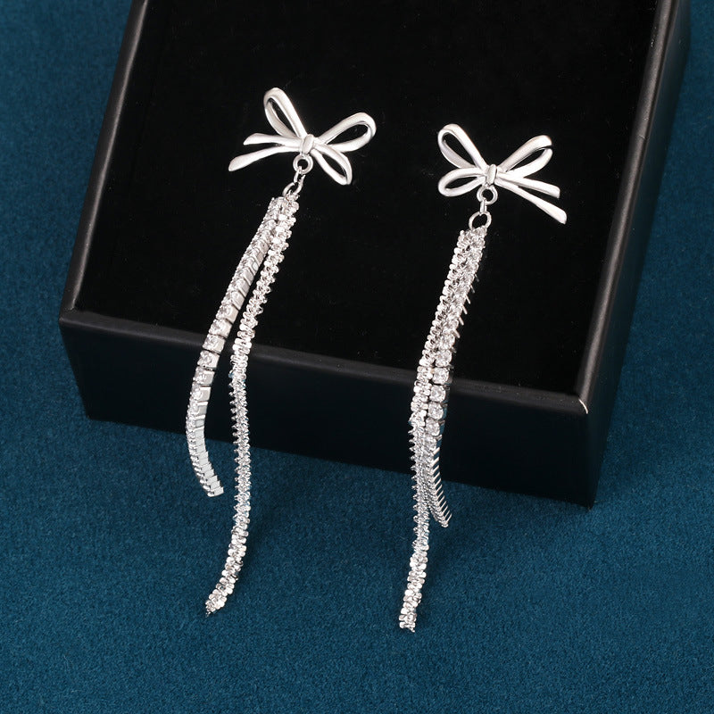 Sterling Silver Diamond Bow Tassel Earrings