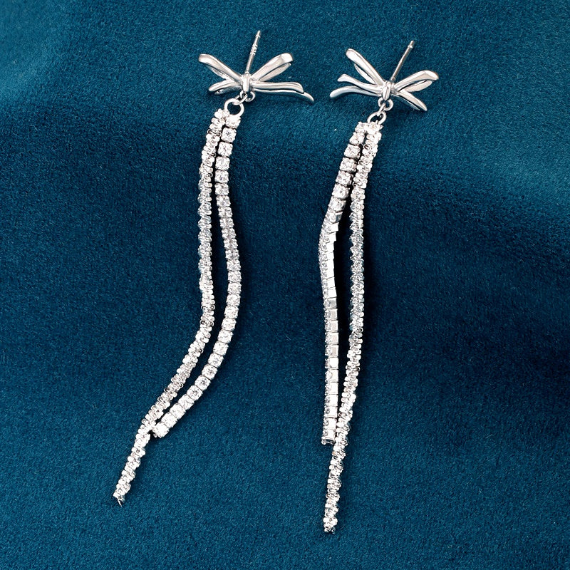 Sterling Silver Diamond Bow Tassel Earrings