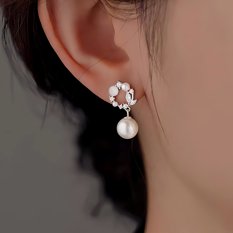 Sterling Silver Diamond Cat's Eye Hoop Pearl Earrings