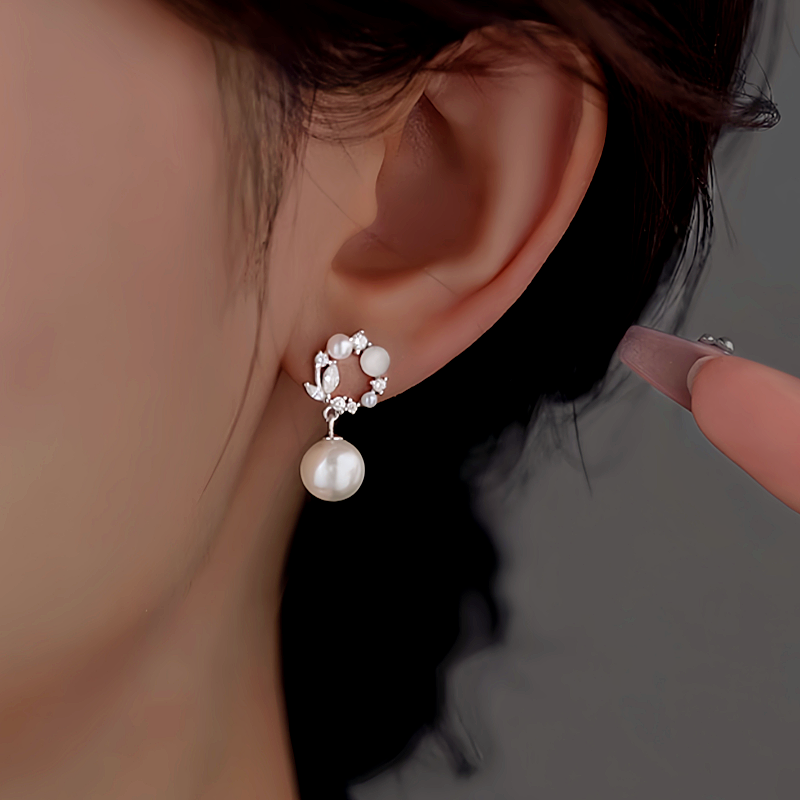Sterling Silver Diamond Cat's Eye Hoop Pearl Earrings