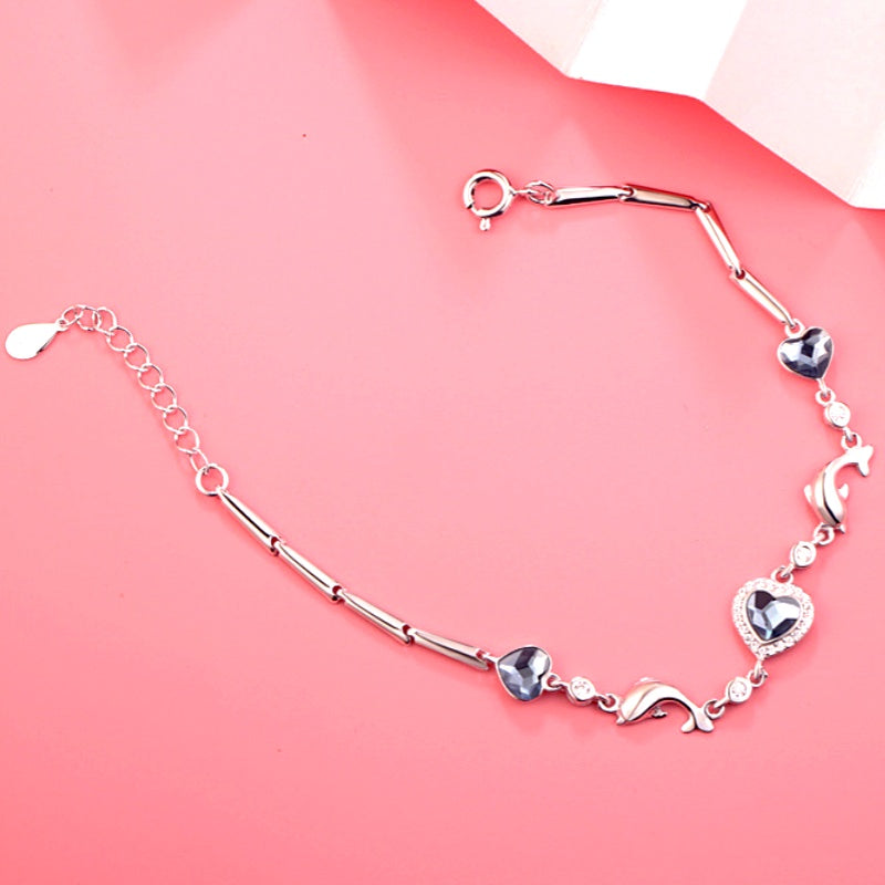 Sterling Silver Diamond Dolphin Heart Bracelets