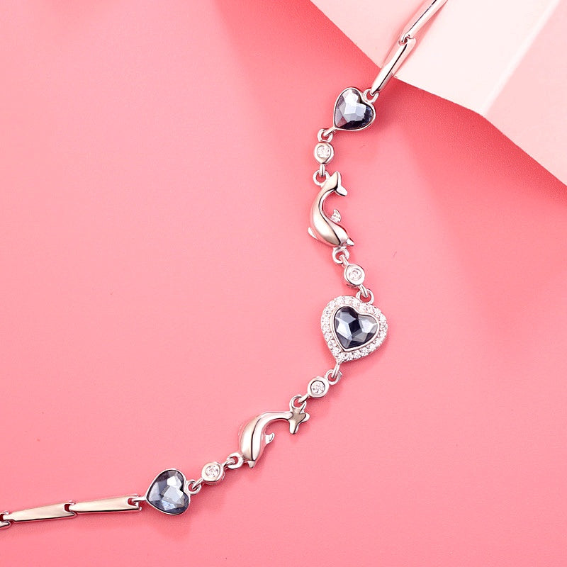 Sterling Silver Diamond Dolphin Heart Bracelets